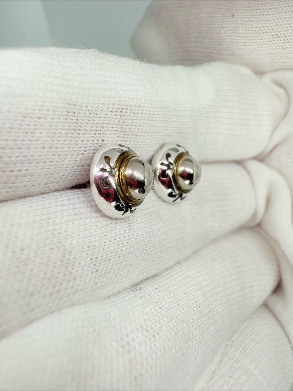 Sterling Silver Two-Tone Dome Stud Earrings - Silver & Gold Accent - Picture 3 of 14